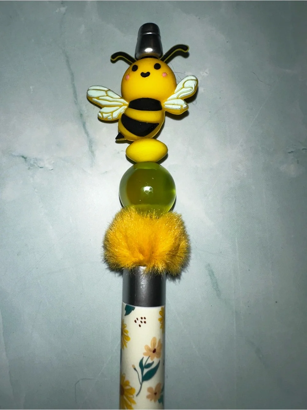 Yellow Bee Floral Ballpoint Pen with Pom Topper
